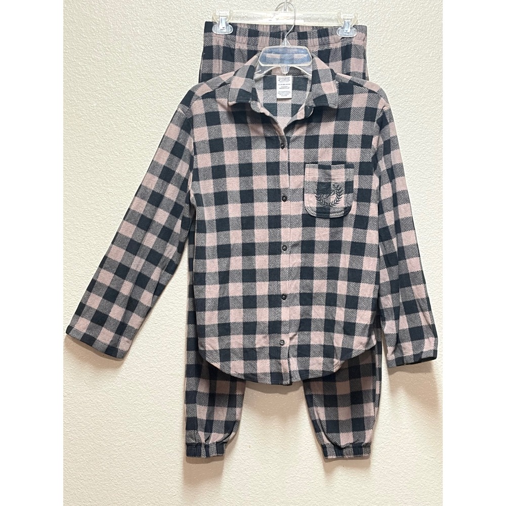 Victoria Secret PINK Fleece Pajama Set XS Buffalo Plaid Button Down Joggers Pink
